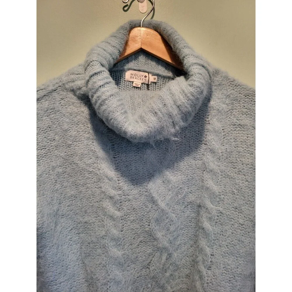 New Molly Bracken Ice Blue Cowl Neck Fluffy Cropped Sweater Sz M - Picture 2 of 7